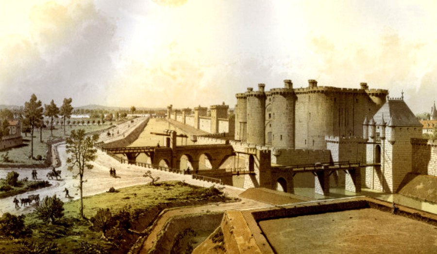 Historical reconstruction showing the moat below the walls of Paris (left), the Bastille and the Porte Saint-Antoine (right) in 1420