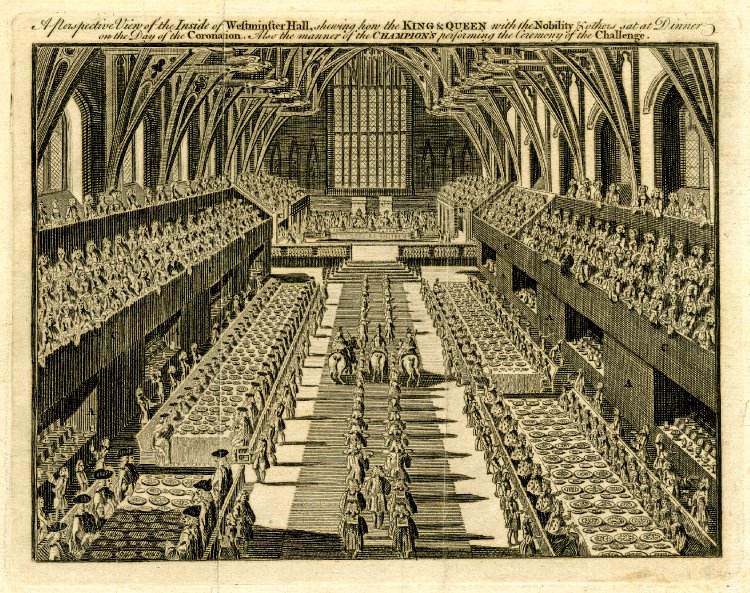 King's Champion between lines of walkers at a coronation banquet