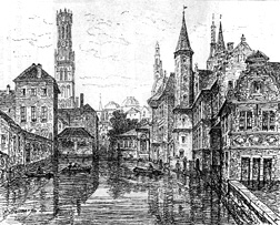 Quai Rosaire in Brügge, by F. Stroobant in Illustrirter Katalog der internationalen Kunstausstellung im Königl. Glaspalaste in München 1883, 4. Auflage, München, September 1883. (Wikimedia Commons)