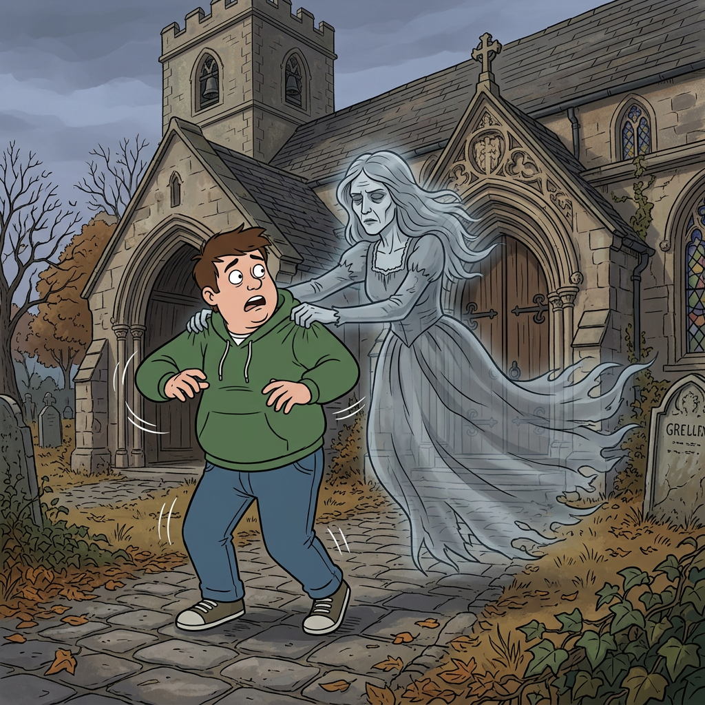 Ghostly woman reaching to scare a surprised young man near an old stone church with graveyard